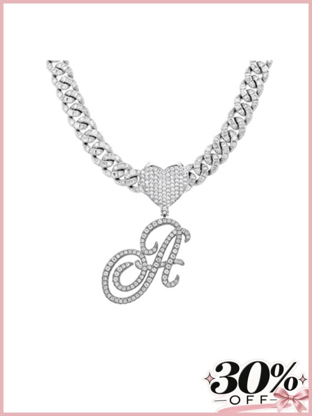 Iced Out Cuban Link Chain Necklace Heart Letter Pendant Women's Hip Hop Jewelry